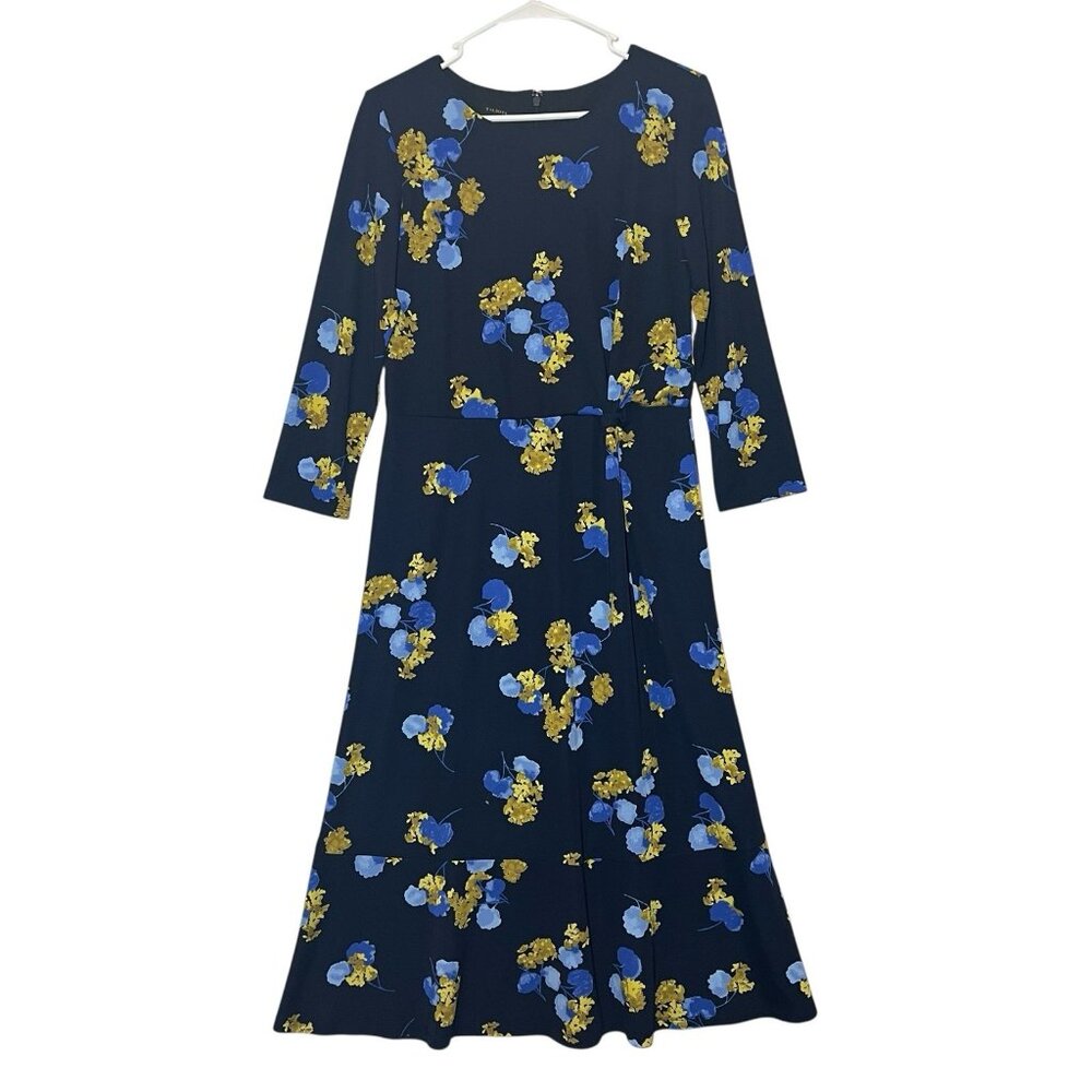 TALBOTS Women’s Midi Dress Size 8 FLORAL JERSEY TWIST FIT & FLARE Blue Stretch - Picture 2 of 12